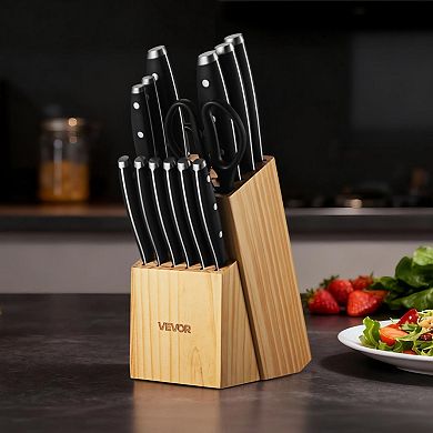 VEVOR Kitchen Knife Set with Block and Sharpener, 15 Piece Stainless Steel Sharp Knife Set