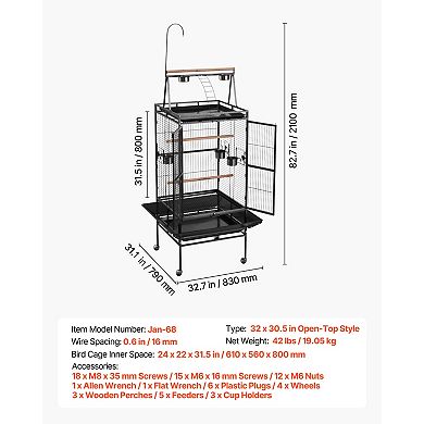 VEVOR Bird Cage, 32.7 x 31.1 x 82.7 inch, Open Flat Top, Wrought Iron Bird Flight Cage with Perches