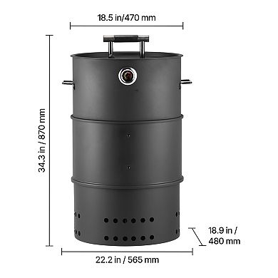 VEVOR 18.5" Charcoal Smoker Grill, Barrel BBQ with 2 Grates, Hooks & Thermometer for Backyard Use