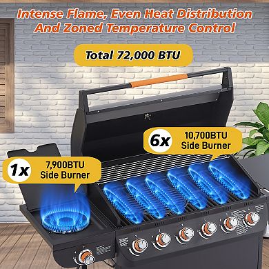 6 Burner Propane Gas Grill with Side Burner & 4 wheels, 72,000 BTU BBQ Grill for Patio Backyard