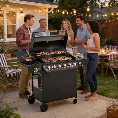 6 Burner Propane Gas Grill with Side Burner & 4 wheels, 72,000 BTU BBQ Grill for Patio Backyard