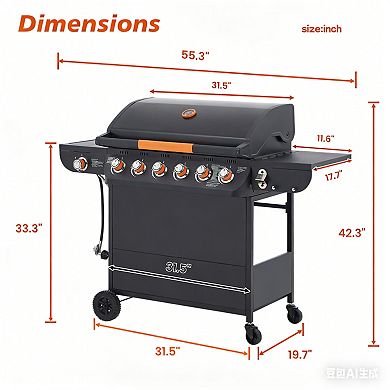 6 Burner Propane Gas Grill with Side Burner & 4 wheels, 72,000 BTU BBQ Grill for Patio Backyard