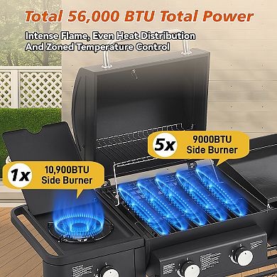 5-Burner Propane Gas Grill & Griddle Combo with Side Burner, 56,000 BTU 3-in-1 Grill BBQ Grill