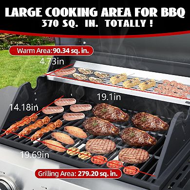 3+1-Burner Propane Gas BBQ Grill with Side Burner for Outdoor Barbecue, 37230 BTU