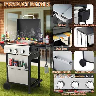 3-Burner Propane Gas BBQ Grill with SS Plancha For Outdoor Barbecue, 36900BTU