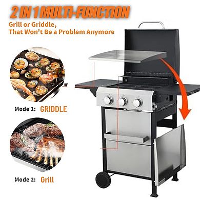 3-Burner Propane Gas BBQ Grill with SS Plancha For Outdoor Barbecue, 36900BTU