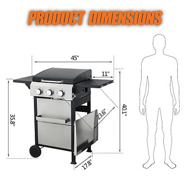 3-Burner Propane Gas BBQ Grill with SS Plancha For Outdoor Barbecue, 36900BTU