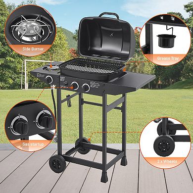 2 Burner Propane Gas Grill with Side Burner & 2 wheels, 24,000 BTU BBQ Grill for Patio Backyard