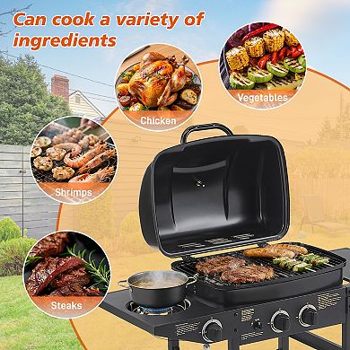 2 Burner Propane Gas Grill with Side Burner & 2 wheels, 24,000 BTU BBQ Grill for Patio Backyard