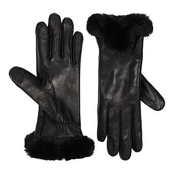Women's Cuddl Duds® Leather Gloves With Printed Faux Fur Cuffs