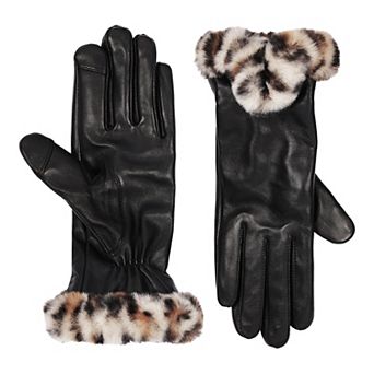 Women's Cuddl Duds® Leather Gloves With Printed Faux Fur Cuffs
