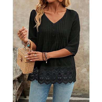 Women's V-Neck Short Blouse with Delicate Lace Embroidery