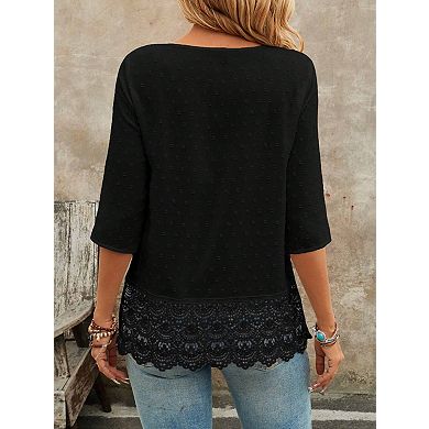 Women's V-Neck Short Blouse with Delicate Lace Embroidery