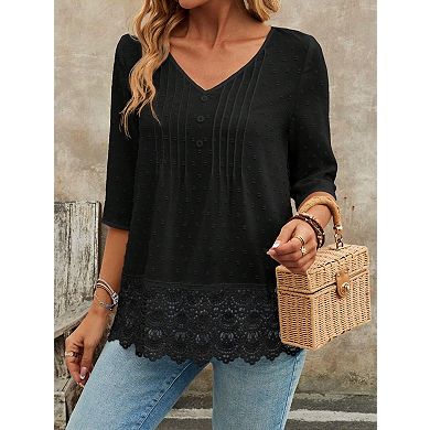 Women's V-Neck Short Blouse with Delicate Lace Embroidery