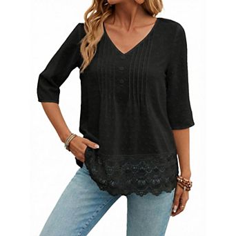 Women's V-Neck Short Blouse with Delicate Lace Embroidery