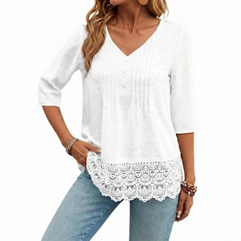Women's V-Neck Short Blouse with Delicate Lace Embroidery