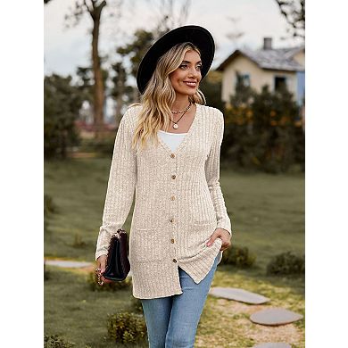 Women's Long Sleeve Ribbed Button Down Knit Cardigan sweater Open Front Coat with Pockets