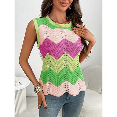 Women's Crew Neck Color Block Dopamine Sleeveless Knit Vest Sweater