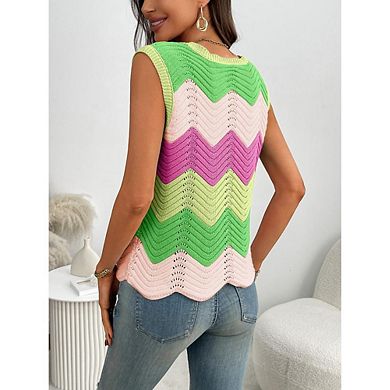 Women's Crew Neck Color Block Dopamine Sleeveless Knit Vest Sweater