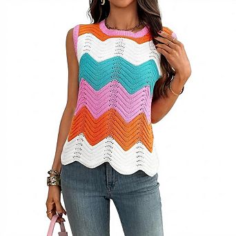 Women's Crew Neck Color Block Dopamine Sleeveless Knit Vest Sweater