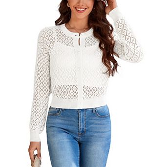 Women's Button Down Cropped Knit Cardigan Long Sleeve Round Neck Crochet Crop Top