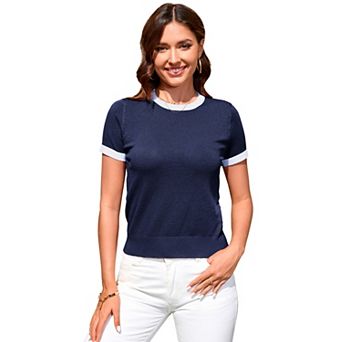 Women's Short Sleeve Knit Crewneck Pullover Sweater