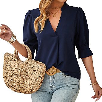 Women's V-Neck Short Sleeve Blouse Soft Casual Top