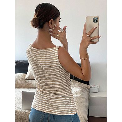 Women's Casual Button Down Sleeveless Camisole Top Stripe Slim Fit Lightweight Sweater Tops