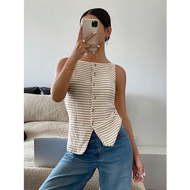 Women's Casual Button Down Sleeveless Camisole Top Stripe Slim Fit Lightweight Sweater Tops
