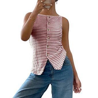 Women's Casual Button Down Sleeveless Camisole Top Stripe Slim Fit Lightweight Sweater Tops