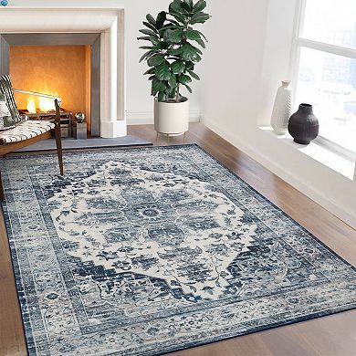 Vintage Persian Pattern Distressed Velvet Area Rug - Soft Foldable Carpet for Living Room, Bedroom