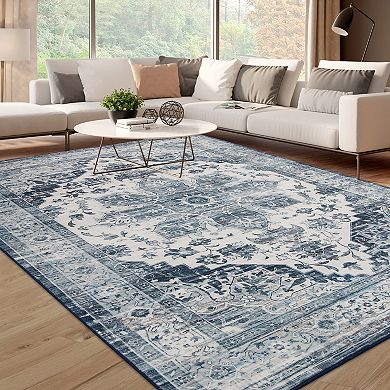 Vintage Persian Pattern Distressed Velvet Area Rug - Soft Foldable Carpet for Living Room, Bedroom