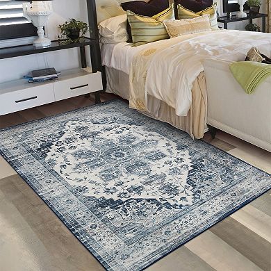 Vintage Persian Pattern Distressed Velvet Area Rug - Soft Foldable Carpet for Living Room, Bedroom