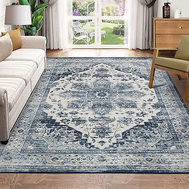 Vintage Persian Pattern Distressed Velvet Area Rug - Soft Foldable Carpet for Living Room, Bedroom