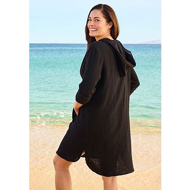 Swim 365 Women's Plus Size Embroidered Cotton Gauze Cover-Up