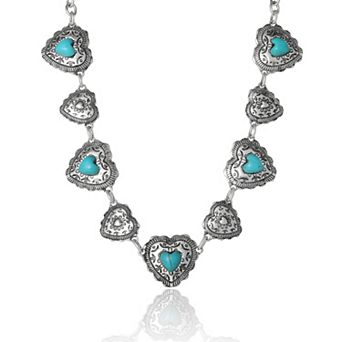 JS Jessica Simpson Turquoise Concho Statement Necklace Antique Silver Tone