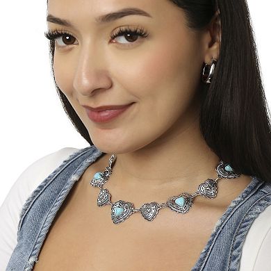 JS Jessica Simpson Turquoise Concho Statement Necklace Antique Silver Tone