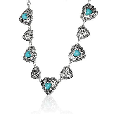 JS Jessica Simpson Turquoise Concho Statement Necklace Antique Silver Tone