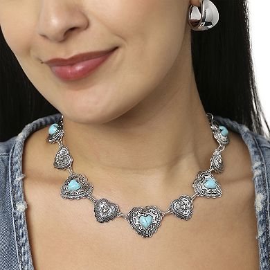 JS Jessica Simpson Turquoise Concho Statement Necklace Antique Silver Tone