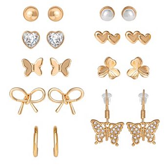 JS Jessica Simpson Gold-Tone Bow, Butterfly & Pearl Stud & Hoop Earring Set, 12 Pairs