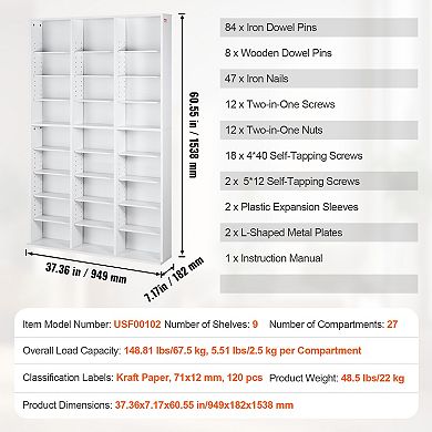 VEVOR Media Storage Cabinet, 9-layer DVD Shelf, Adjustable CD Shelves 27 Compartments,White