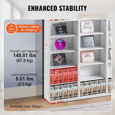 VEVOR Media Storage Cabinet, 9-layer DVD Shelf, Adjustable CD Shelves 27 Compartments,White