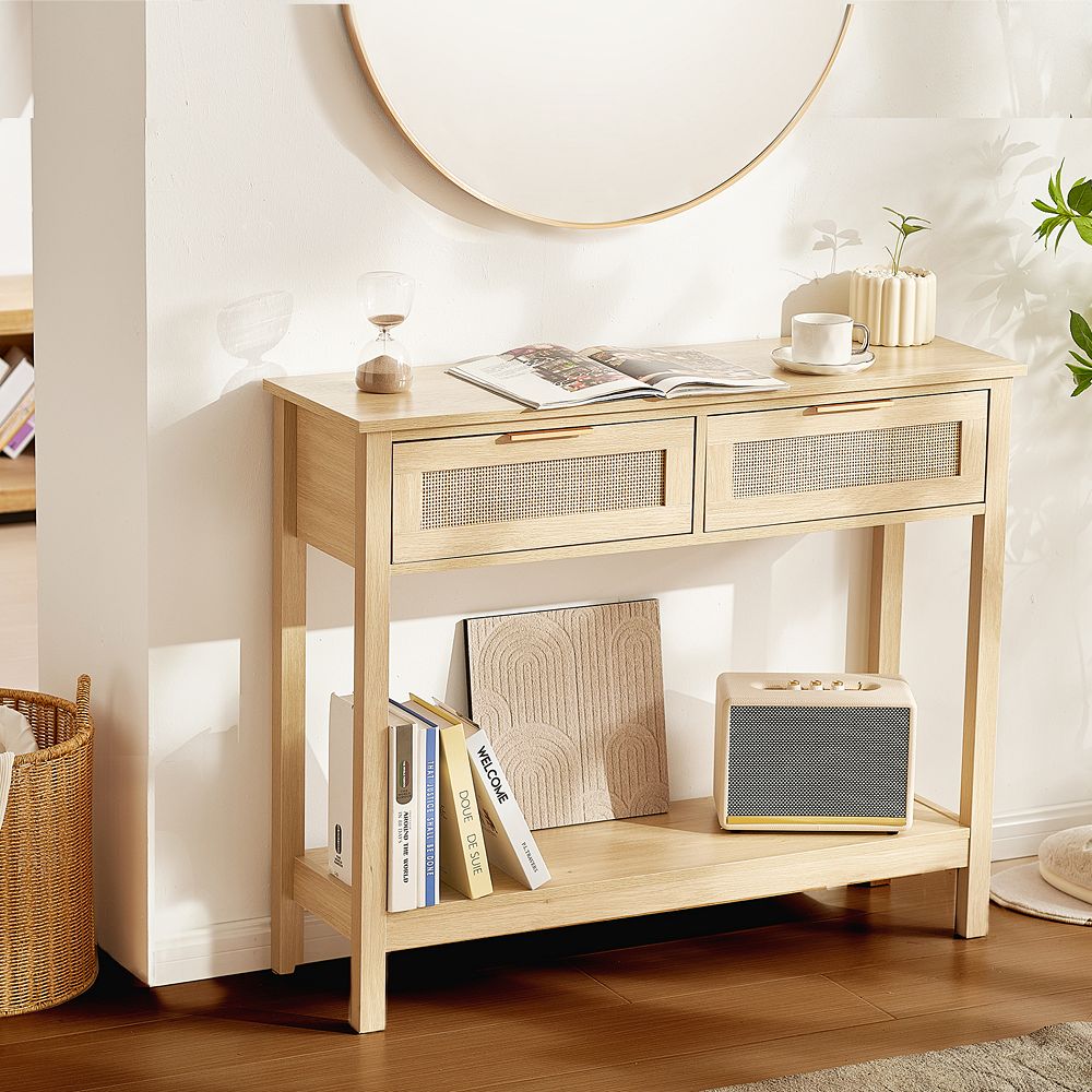 VEVOR Rattan Console Table with 2 Storage Drawers, Rattan Entryway ...