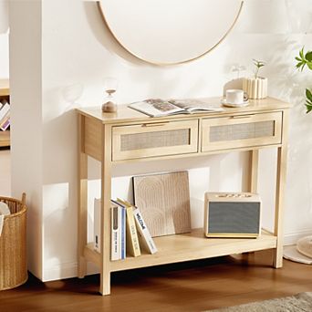 VEVOR Rattan Console Table with 2 Storage Drawers, Rattan Entryway Table with Rattan Sliding Door