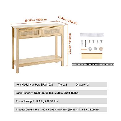 VEVOR Rattan Console Table with 2 Storage Drawers, Rattan Entryway Table with Rattan Sliding Door