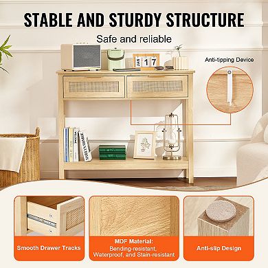 VEVOR Rattan Console Table with 2 Storage Drawers, Rattan Entryway Table with Rattan Sliding Door