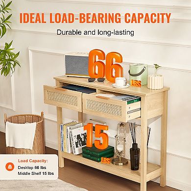 VEVOR Rattan Console Table with 2 Storage Drawers, Rattan Entryway Table with Rattan Sliding Door