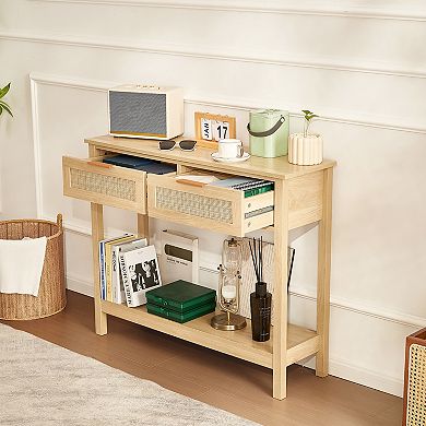 VEVOR Rattan Console Table with 2 Storage Drawers, Rattan Entryway Table with Rattan Sliding Door