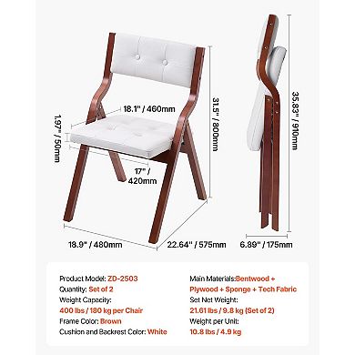 VEVOR Wooden Folding Chairs with Cushion, Set of 2, Portable Foldable Cushion Chair, White