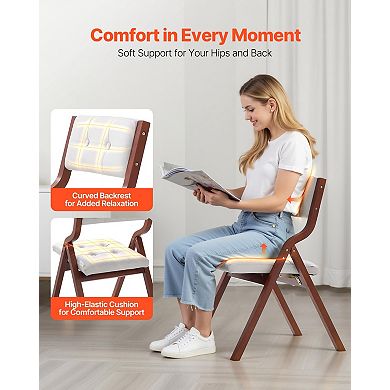 VEVOR Wooden Folding Chairs with Cushion, Set of 2, Portable Foldable Cushion Chair, White